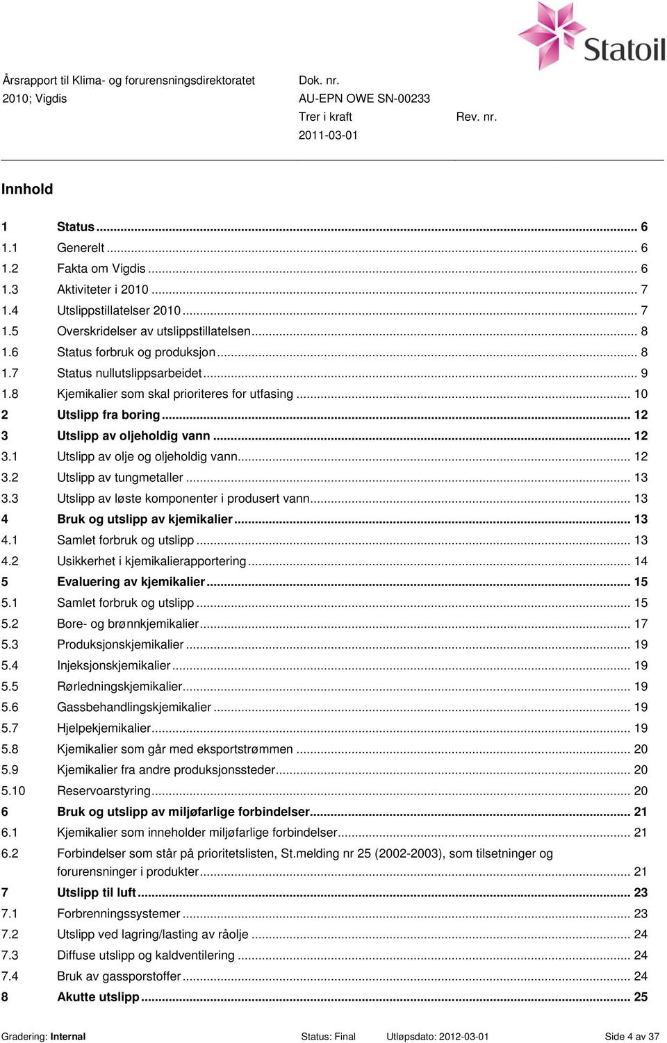 .. 13 3.3 av løste komponenter i produsert vann... 13 4 Bruk og utslipp av kjemikalier... 13 4.1 Samlet forbruk og utslipp... 13 4.2 Usikkerhet i kjemikalierapportering.