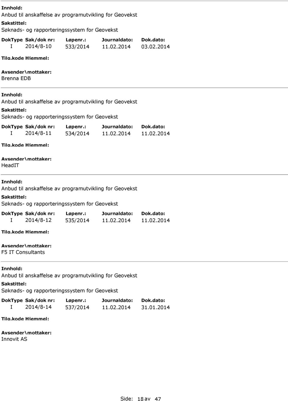 HeadT nbud til anskaffelse av programutvikling for Geovekst 2014/8-12 535/2014 F5 T