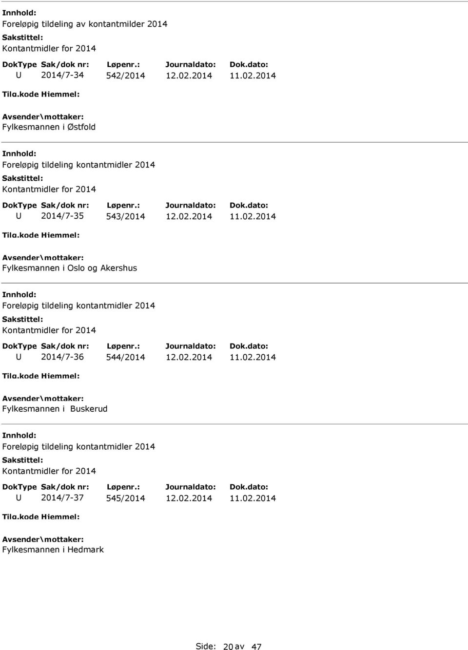 2014 Fylkesmannen i Oslo og kershus Foreløpig tildeling kontantmidler 2014 Kontantmidler for 2014 2014/7-36 544/2014 12.