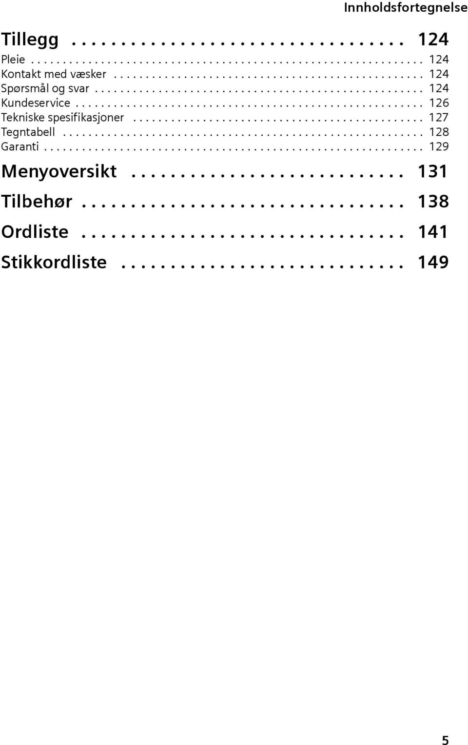 ........................................................ 128 Garant............................................................ 129 Menyoverskt............................ 131 Tlbehør.