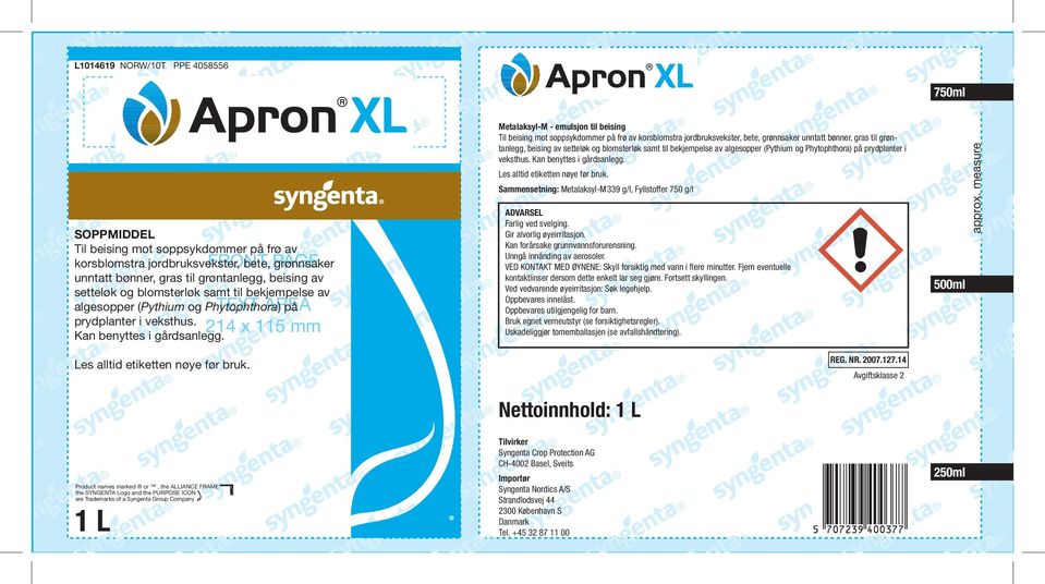 Product names marked or, the ALLIANCE FRAME the SYNGENTA Logo and the PURPOSE ICON 1 L are Trademarks of a Syngenta Group Company Metalaksyl-M - emulsjon til beising Til beising mot soppsykdommer på