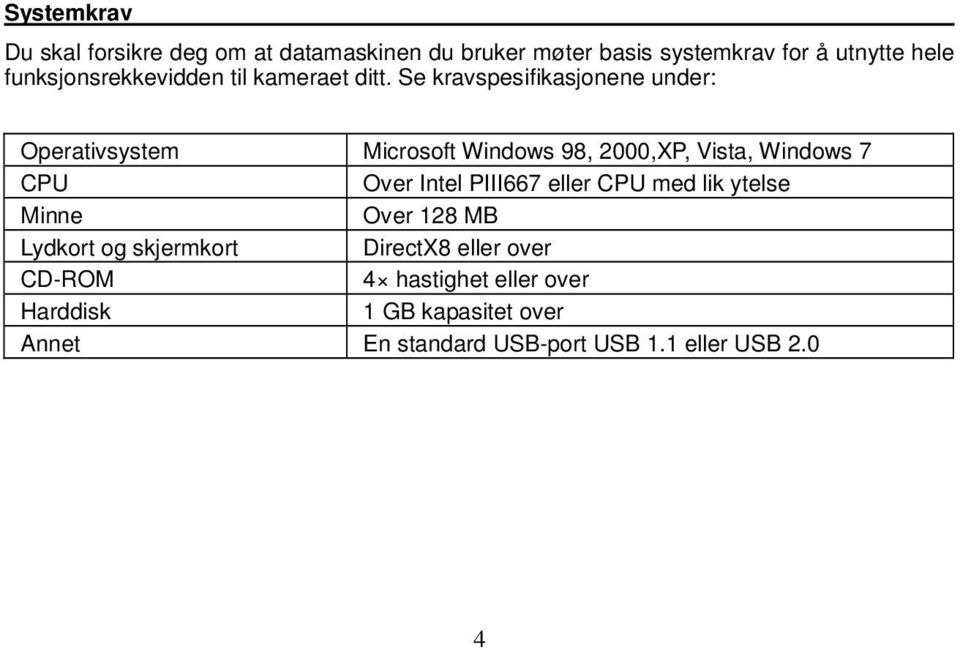 Se kravspesifikasjonene under: Operativsystem Microsoft Windows 98, 2000,XP, Vista, Windows 7 CPU Over Intel