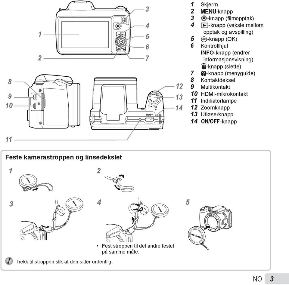 9 Multikontakt 10 HDMI-mikrokontakt 11 Indikatorlampe 12 Zoomknapp 13 Utløserknapp 14 n-knapp 11 Feste kamerastroppen og