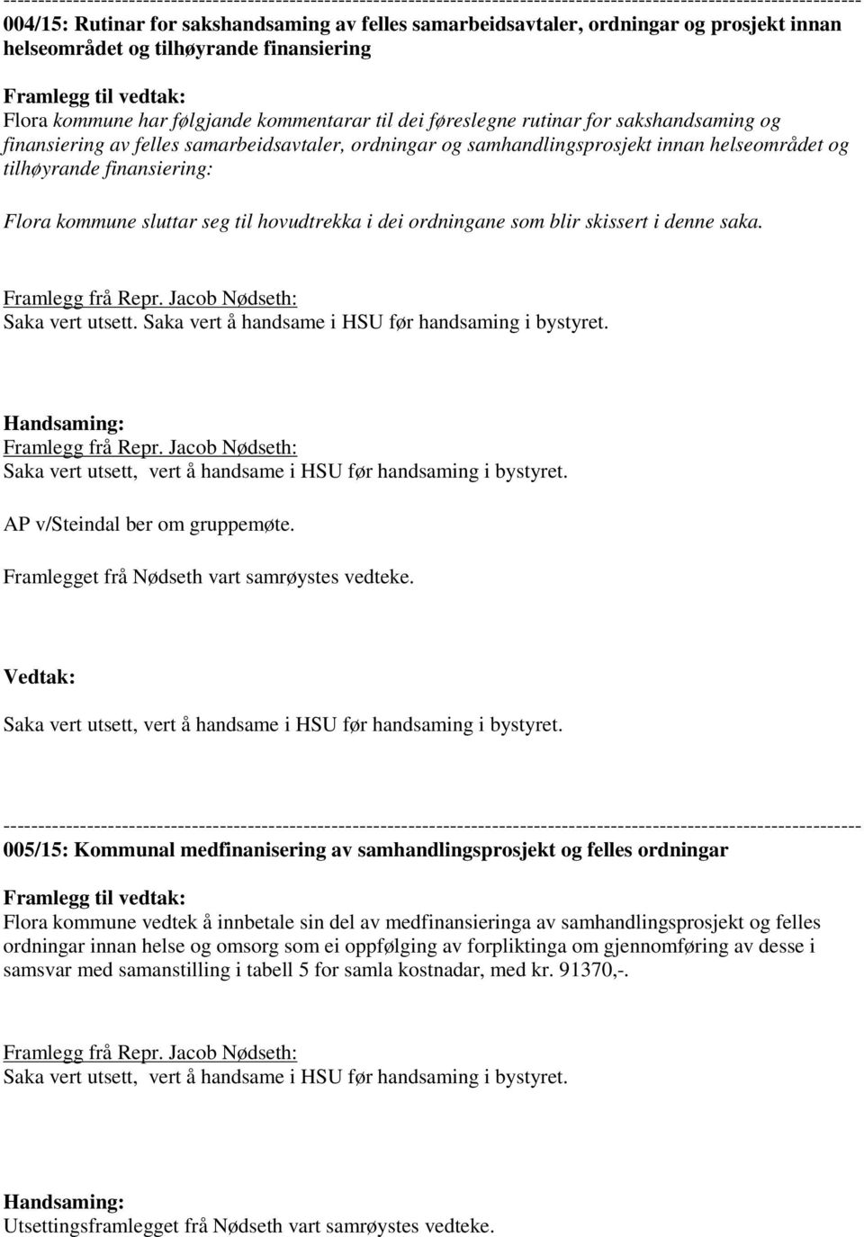 samarbeidsavtaler, ordningar og samhandlingsprosjekt innan helseområdet og tilhøyrande finansiering: Flora kommune sluttar seg til hovudtrekka i dei ordningane som blir skissert i denne saka.