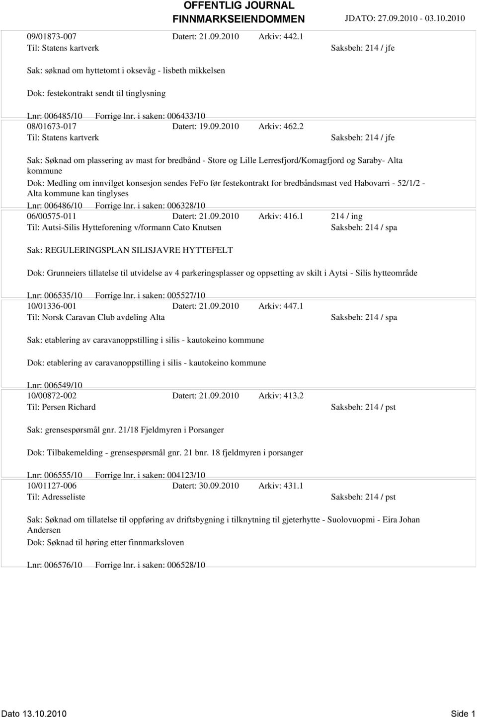 2 Til: Statens kartverk Sak: Søknad om plassering av mast for bredbånd - Store og Lille Lerresfjord/Komagfjord og Saraby- Alta kommune Dok: Medling om innvilget konsesjon sendes FeFo før