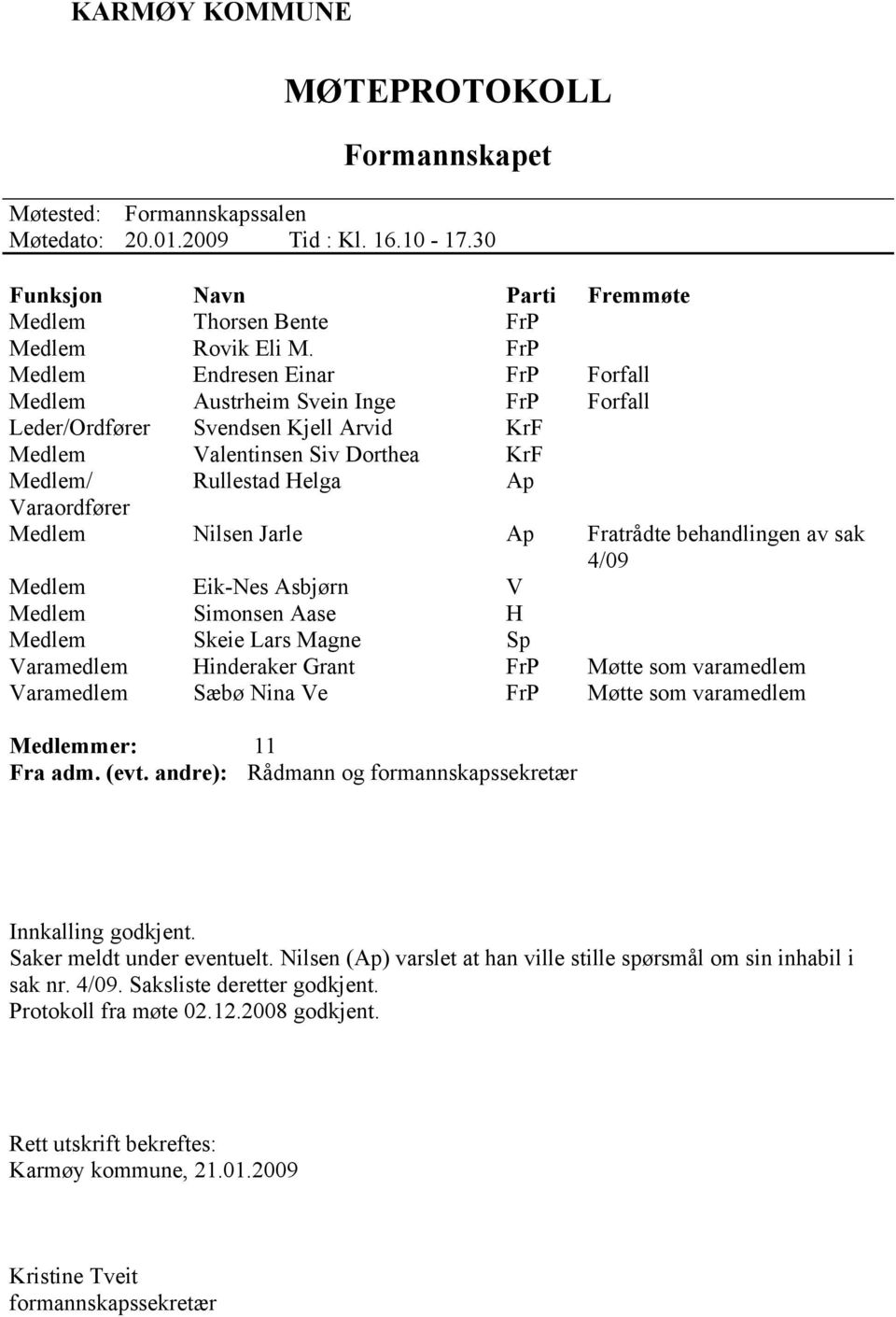 Nilsen Jarle Ap Fratrådte behandlingen av sak 4/09 Medlem Eik-Nes Asbjørn V Medlem Simonsen Aase H Medlem Skeie Lars Magne Sp Varamedlem Hinderaker Grant FrP Møtte som varamedlem Varamedlem Sæbø Nina