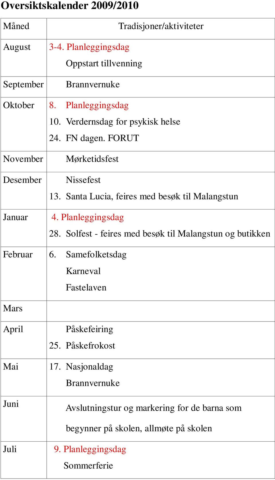 Santa Lucia, feires med besøk til Malangstun 4. Planleggingsdag 28. Solfest - feires med besøk til Malangstun og butikken Februar 6.