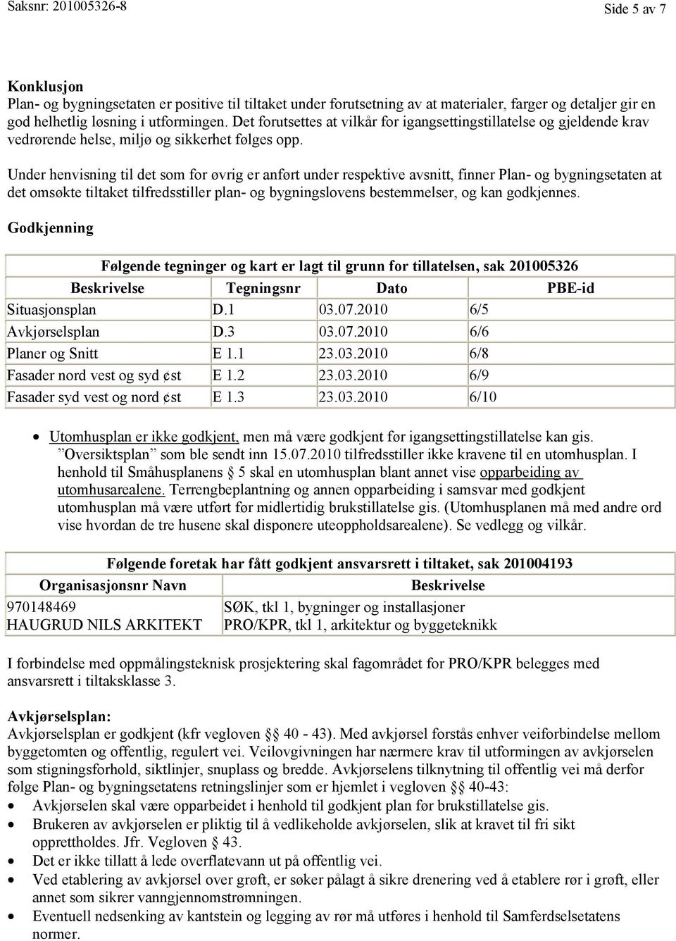 Under henvisning til det som for øvrig er anført under respektive avsnitt, finner Plan- og bygningsetaten at det omsøkte tiltaket tilfredsstiller plan- og bygningslovens bestemmelser, og kan