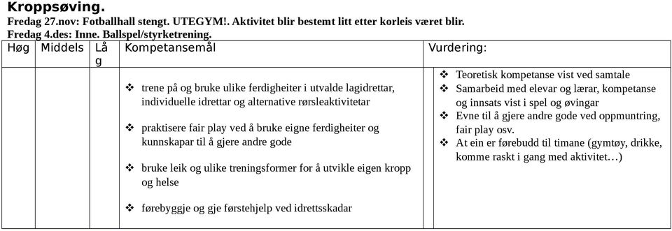 ferdigheiter og kunnskapar til å gjere andre gode bruke leik og ulike treningsformer for å utvikle eigen kropp og helse førebyggje og gje førstehjelp ved idrettsskadar Vurdering: Teoretisk