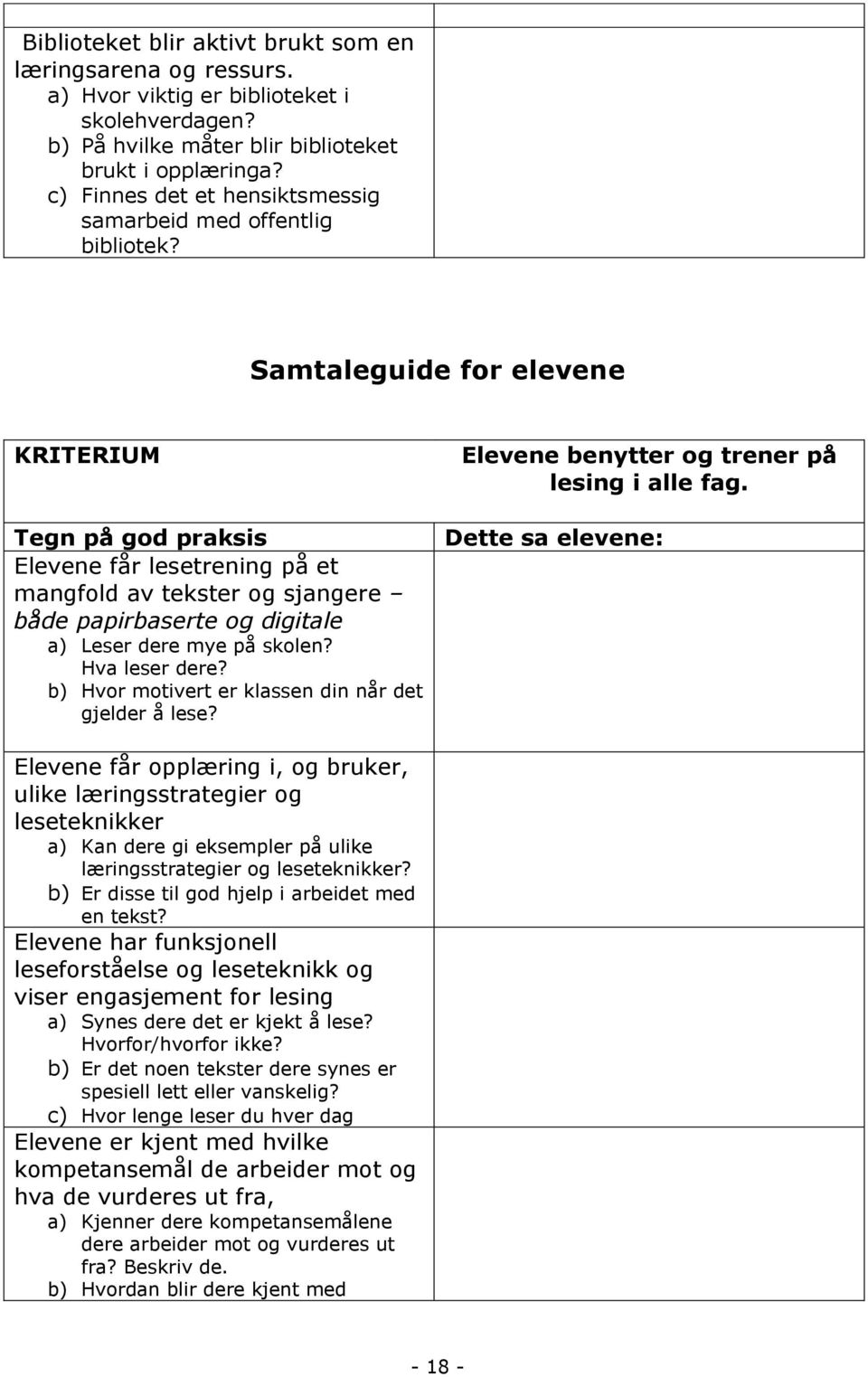 Samtaleguide for elevene KRITERIUM Tegn på god praksis Elevene får lesetrening på et mangfold av tekster og sjangere både papirbaserte og digitale a) Leser dere mye på skolen? Hva leser dere?