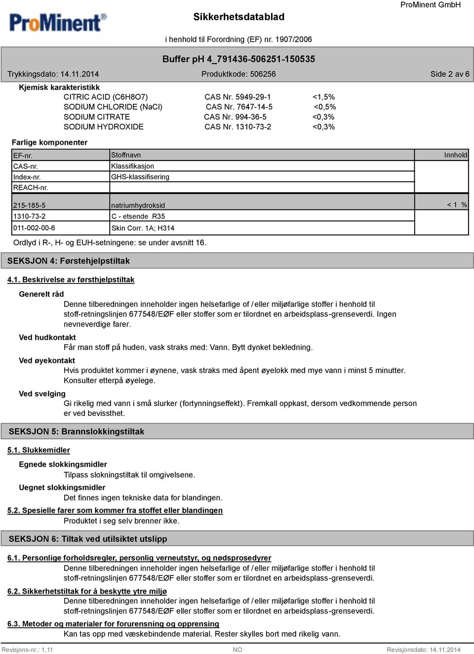 Stoffnavn Klassifikasjon GHS-klassifisering Innhold 215-185-5 natriumhydroksid < 1 % 1310-73-2 011-002-00-6 C - etsende R35 Skin Corr. 1A; H314 Ordlyd i R-, H- og EUH-setningene: se under avsnitt 16.