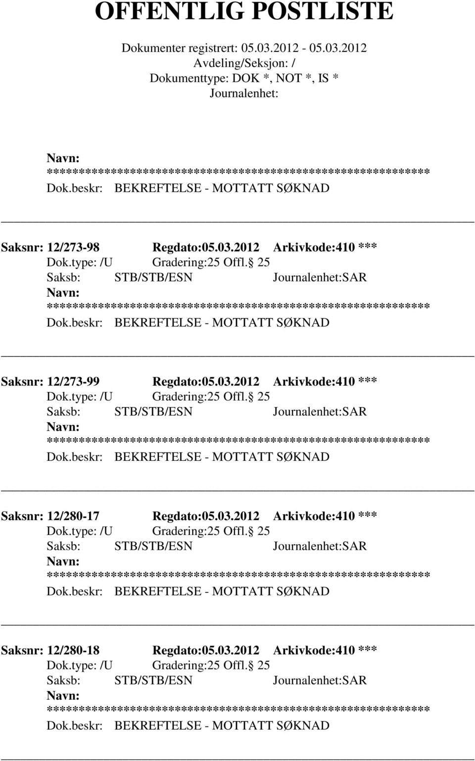 2012 Arkivkode:410 *** Saksnr: 12/280-17 Regdato:05.03.