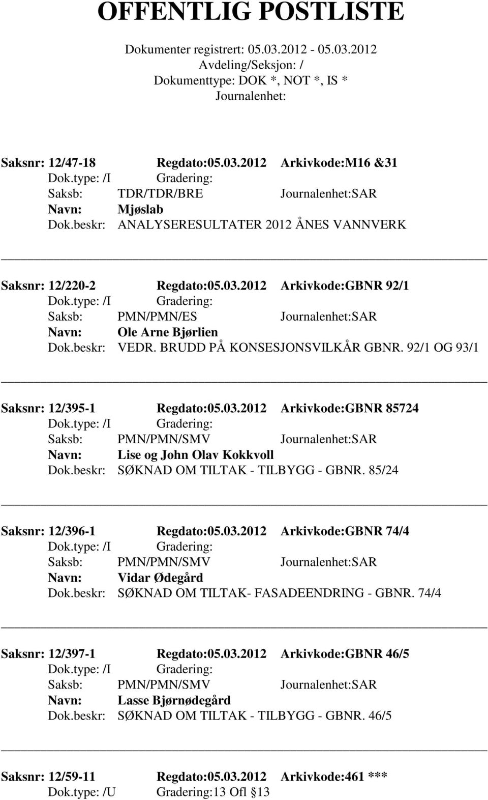 beskr: SØKNAD OM TILTAK - TILBYGG - GBNR. 85/24 Saksnr: 12/396-1 Regdato:05.03.2012 Arkivkode:GBNR 74/4 Saksb: PMN/PMN/SMV SAR Vidar Ødegård Dok.beskr: SØKNAD OM TILTAK- FASADEENDRING - GBNR.