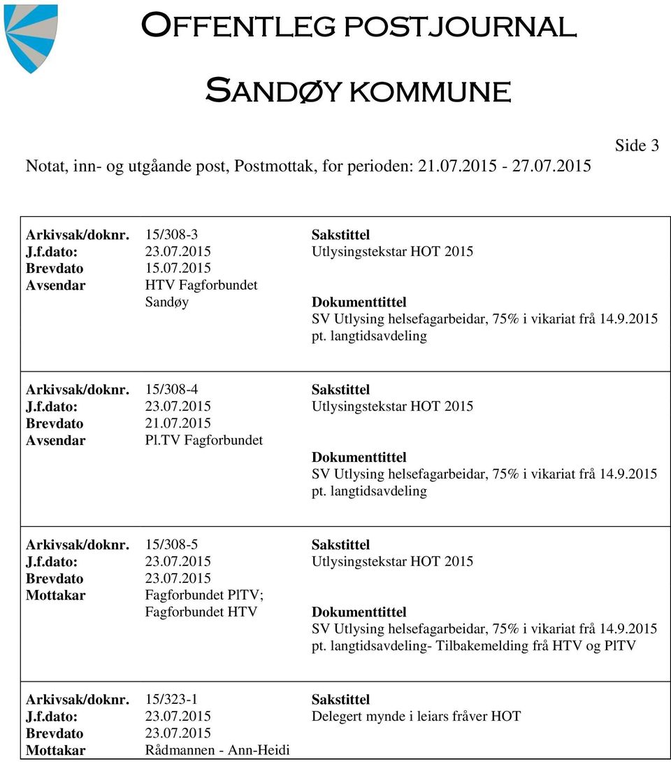 langtidsavdeling Arkivsak/doknr. 15/308-5 Sakstittel Mottakar Fagforbundet PlTV; Fagforbundet HTV SV Utlysing helsefagarbeidar, 75% i vikariat frå 14.9.