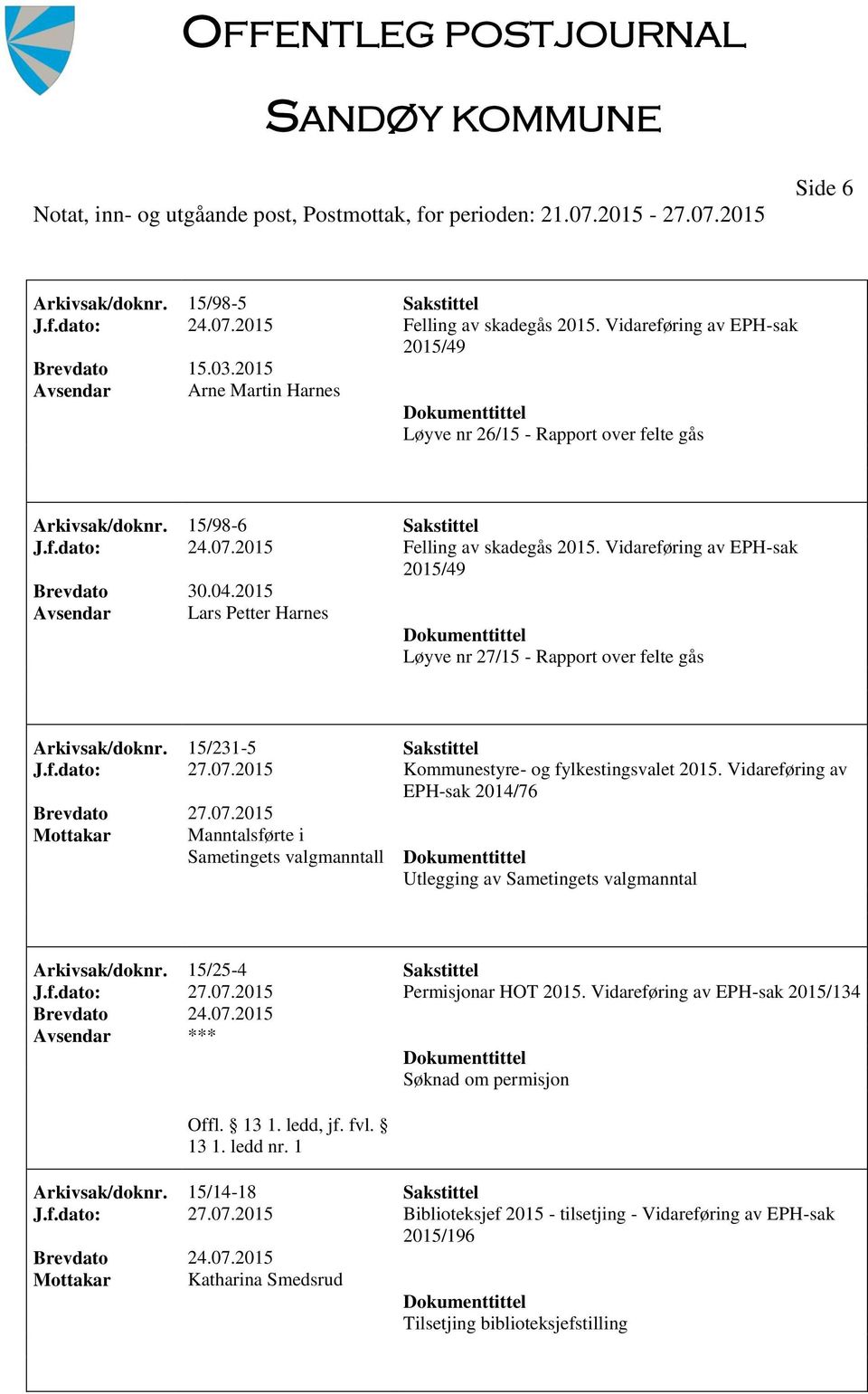 Vidareføring av EPH-sak 2014/76 Brevdato 27.07.2015 Mottakar Manntalsførte i Sametingets valgmanntall Utlegging av Sametingets valgmanntal Arkivsak/doknr. 15/25-4 Sakstittel J.f.dato: 27.07.2015 Permisjonar HOT 2015.