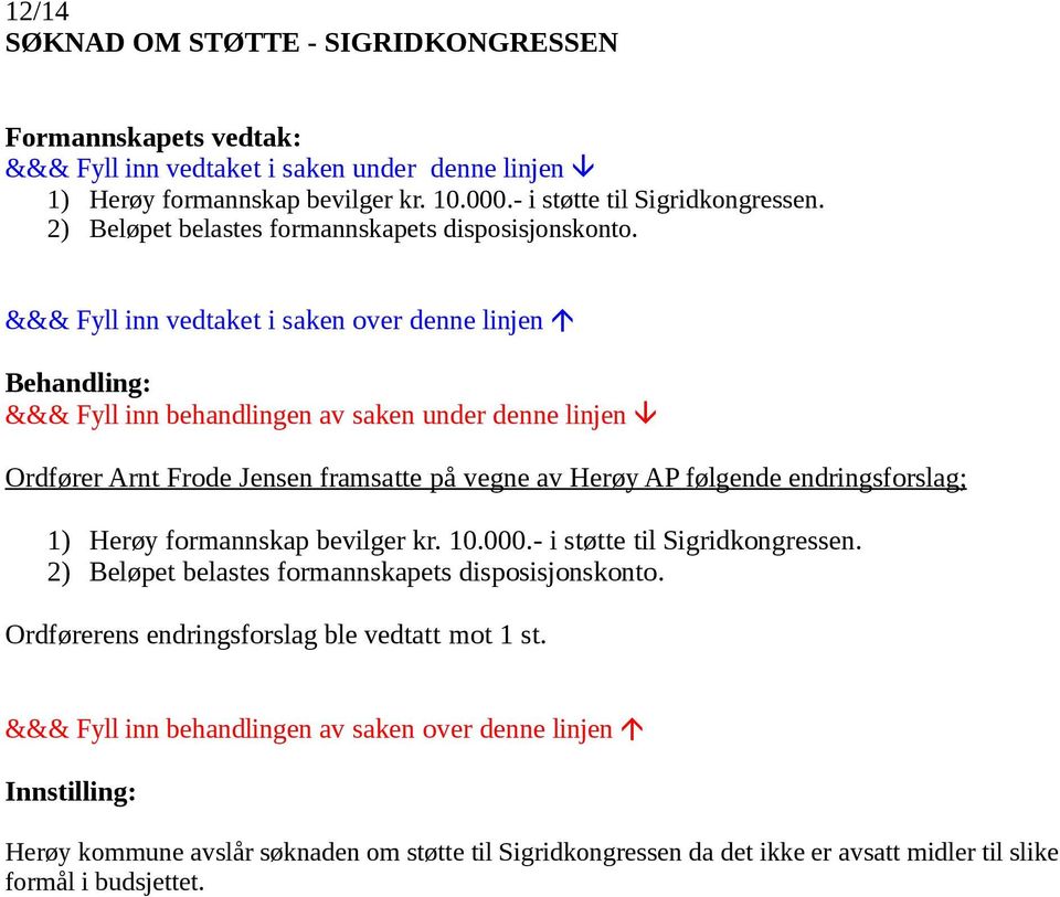 Ordfører Arnt Frode Jensen framsatte på vegne av Herøy AP følgende endringsforslag; 1) Herøy formannskap bevilger kr. 10.000.