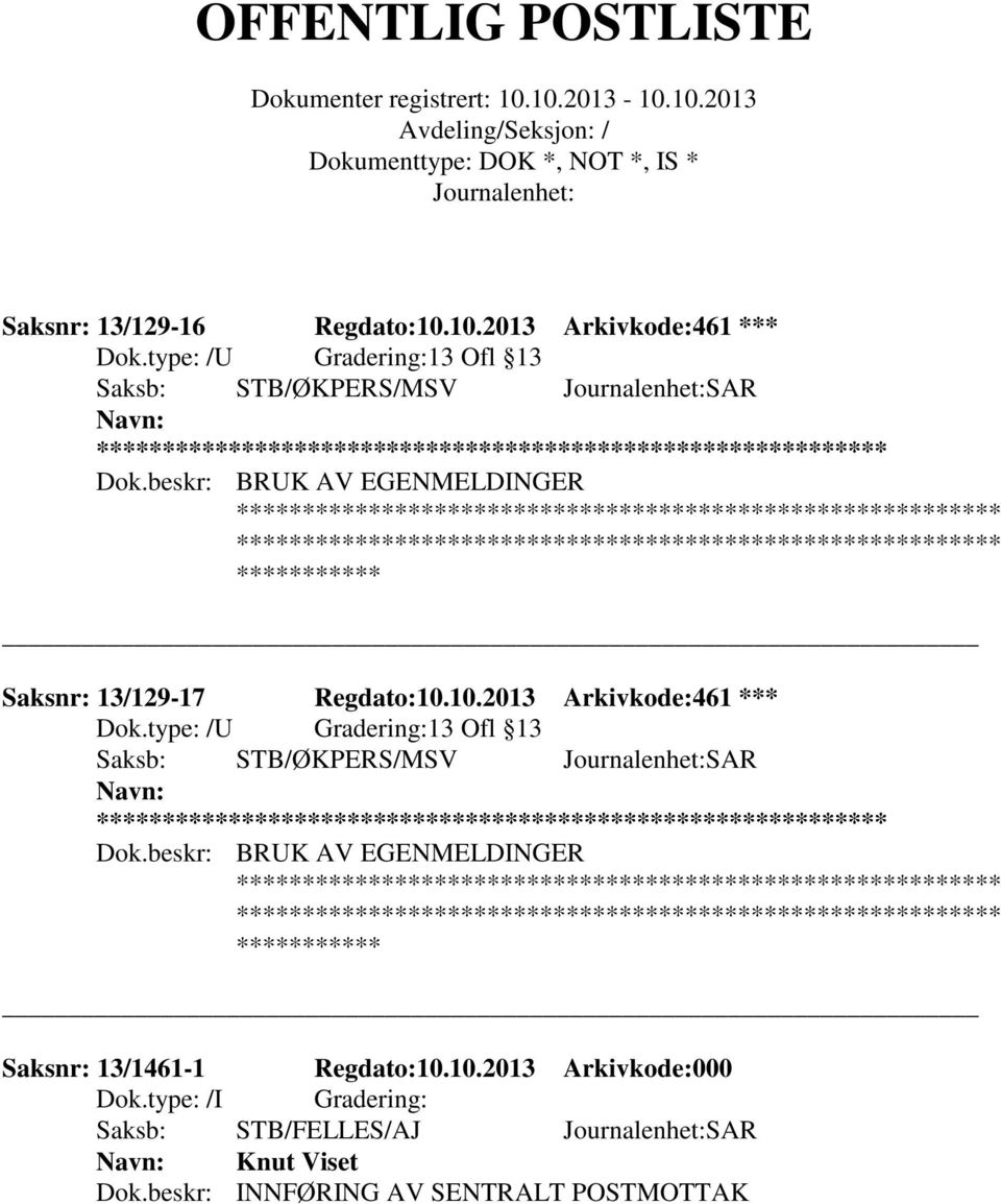 10.2013 Arkivkode:461 *** 13 Ofl 13 Saksb: STB/ØKPERS/MSV SAR ** Dok.