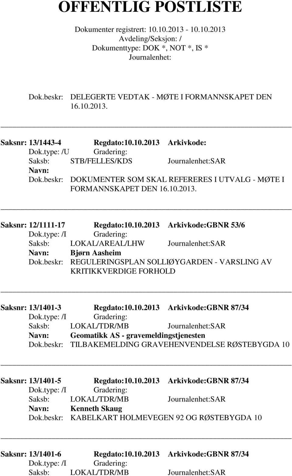 beskr: REGULERINGSPLAN SOLLIØYGARDEN - VARSLING AV KRITIKKVERDIGE FORHOLD Saksnr: 13/1401-3 Regdato:10.10.2013 Arkivkode:GBNR 87/34 Saksb: LOKAL/TDR/MB SAR Geomatikk AS - gravemeldingstjenesten Dok.