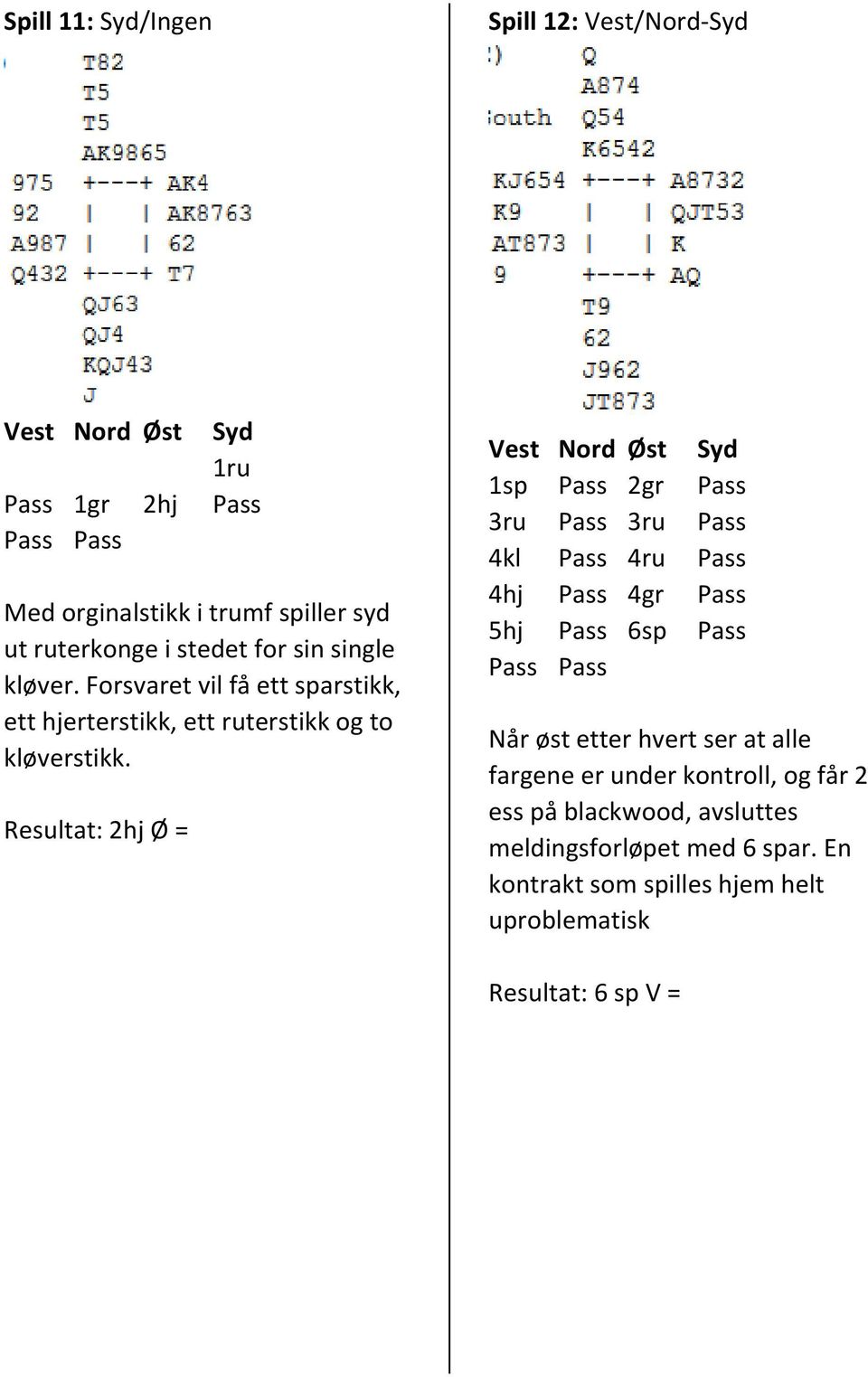 Resultat: 2hj Ø = 1sp 2gr 3ru 3ru 4kl 4ru 4hj 4gr 5hj 6sp Når øst etter hvert ser at alle fargene er under kontroll,