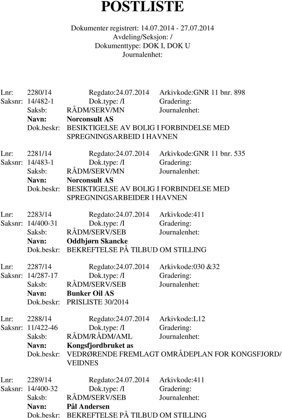 beskr: BESIKTIGELSE AV BOLIG I FORBINDELSE MED SPREGNINGSARBEIDER I HAVNEN Lnr: 2283/14 Regdato:24.07.2014 Arkivkode:411 Saksnr: 14/400-31 Dok.type: /I Gradering: Navn: Oddbjørn Skancke Dok.