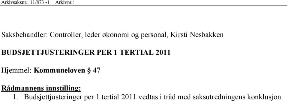 Nesbakken BUDSJETTJUSTERINGER PER 1 TERTIAL 2011 Hjemmel: