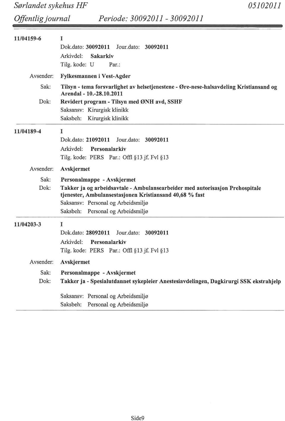 -28.10.2011 Revidert program - Tilsyn med ØNH avd, SSHF Saksansv: Kirurgisk klinikk Saksbeh: Kirurgisk klinikk 11/04189-4 I Dok.dato: 21092011 Jour.dato: 30092011 Tilg. kode: PERS Par.