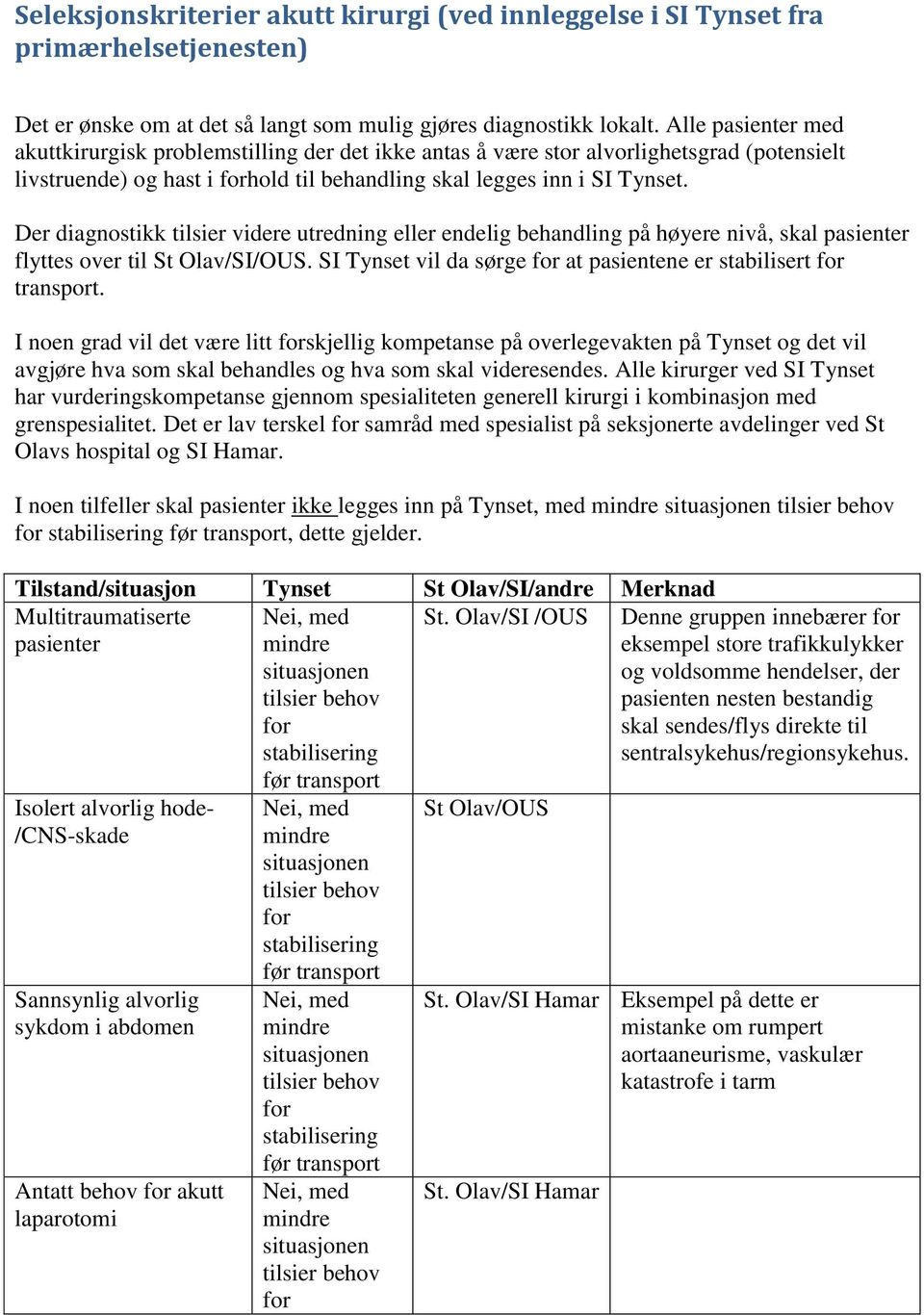 Der diagnostikk tilsier videre utredning eller endelig behandling på høyere nivå, skal pasienter flyttes over til /OUS. SI Tynset vil da sørge at pasientene er stabilisert transport.