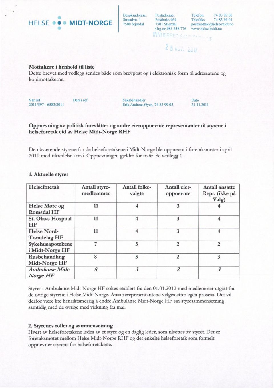 2011 Oppnevning av politisk foreslåtte- og andre eieroppnevnte representanter til styrene i helseforetak eid av Helse Midt-Norge RHF De nåværende styrene for de helseforetakene i Midt-Norge ble