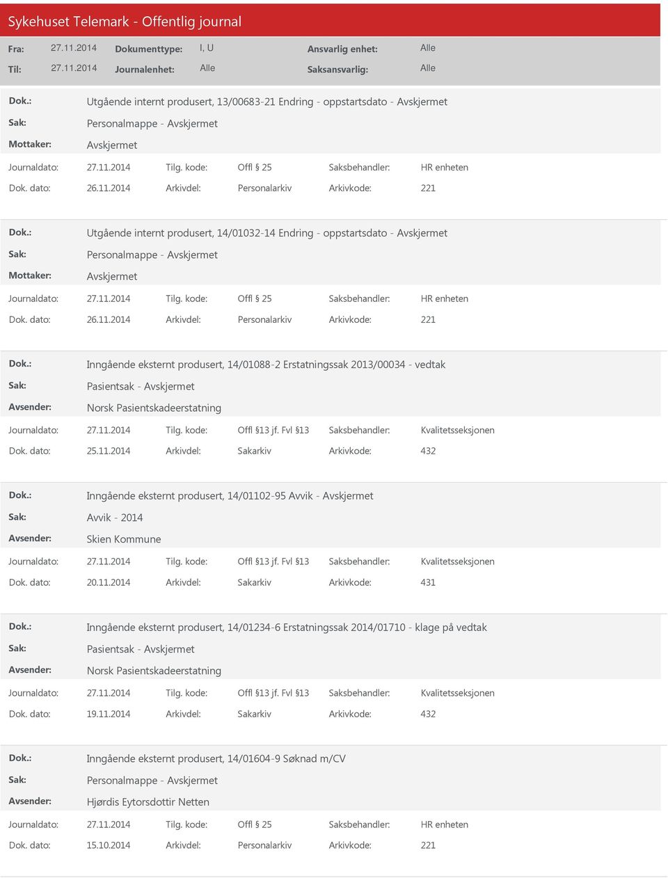 2014 Arkivdel: Personalarkiv Arkivkode: 221 Inngående eksternt produsert, 14/01088-2 Erstatningssak 2013/00034 - vedtak Pasientsak - Norsk Pasientskadeerstatning Arkivkode: 432 Inngående eksternt