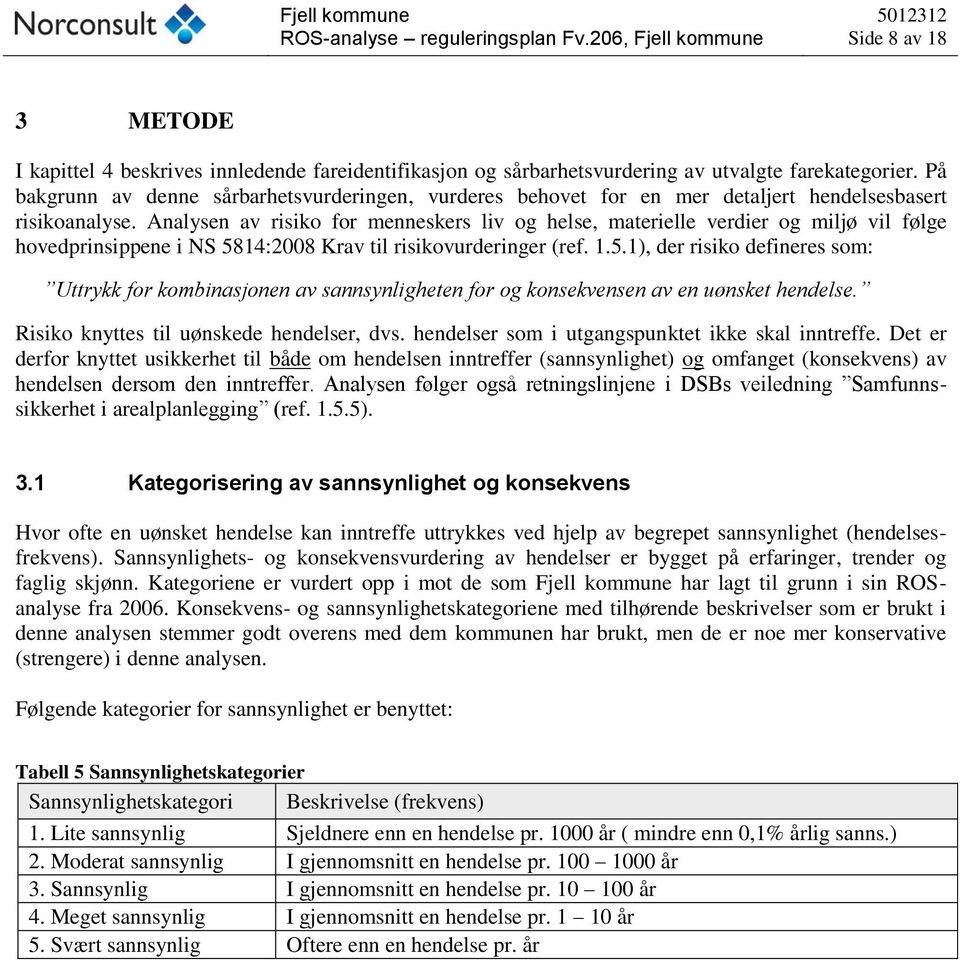 Analysen av risiko for menneskers liv og helse, materielle verdier og miljø vil følge hovedprinsippene i NS 58