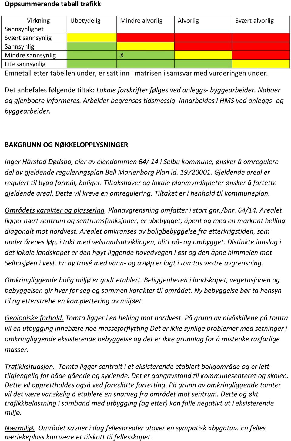 BAKGRUNN OG NØKKELOPPLYSNINGER Inger Hårstad Dødsbo, eier av eiendommen 64/ 14 i Selbu kommune, ønsker å omregulere del av gjeldende reguleringsplan Bell Marienborg Plan id. 19720001.