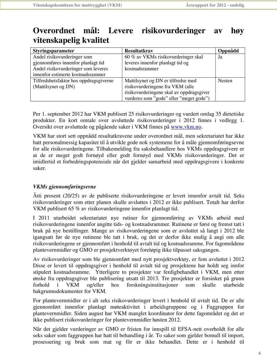 Mattilsynet og DN er tilfredse med risikovurderingene fra VKM (alle risikovurderingene skal av oppdragsgiver vurderes som gode eller meget gode ) Nesten Per 1.