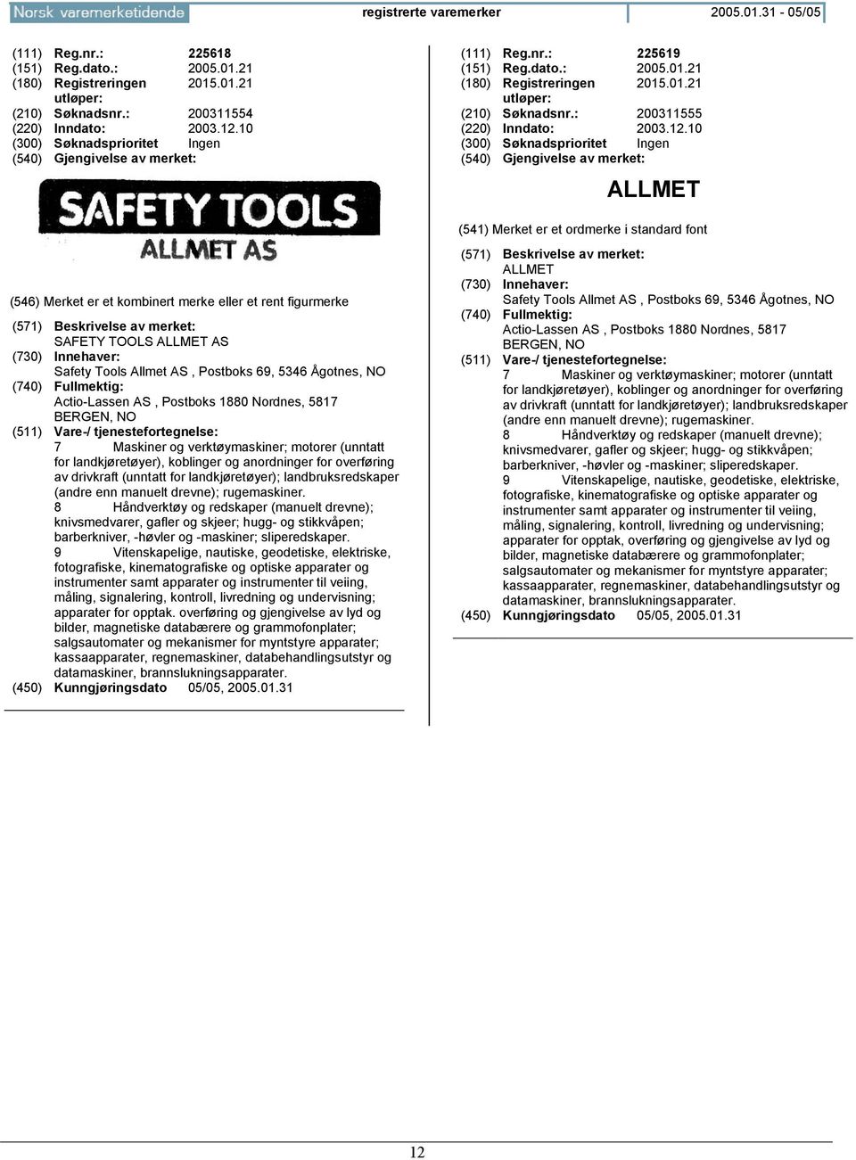 10 ALLMET SAFETY TOOLS ALLMET AS Safety Tools Allmet AS, Postboks 69, 5346 Ågotnes, Actio-Lassen AS, Postboks 1880 Nordnes, 5817 BERGEN, 7 Maskiner og verktøymaskiner; motorer (unntatt for