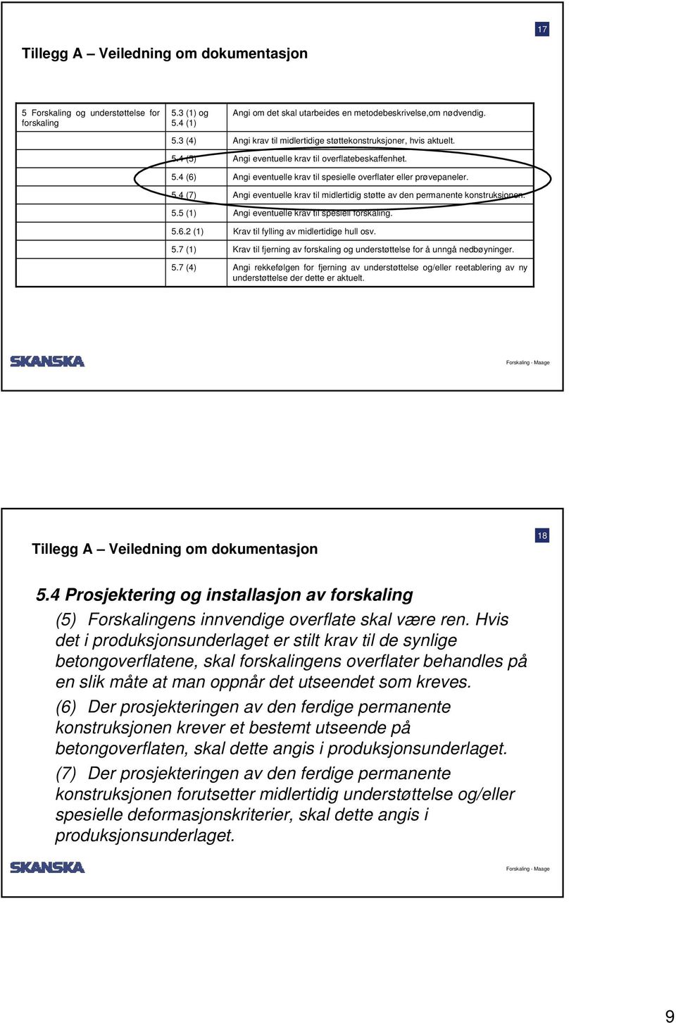 5.5 (1) Angi eventuelle krav til spesiell forskaling. 5.6.2 (1) Krav til fylling av midlertidige hull osv. 5.7 (1) Krav til fjerning av forskaling og understøttelse for å unngå nedbøyninger. 5.7 (4) Angi rekkefølgen for fjerning av understøttelse og/eller reetablering av ny understøttelse der dette er aktuelt.