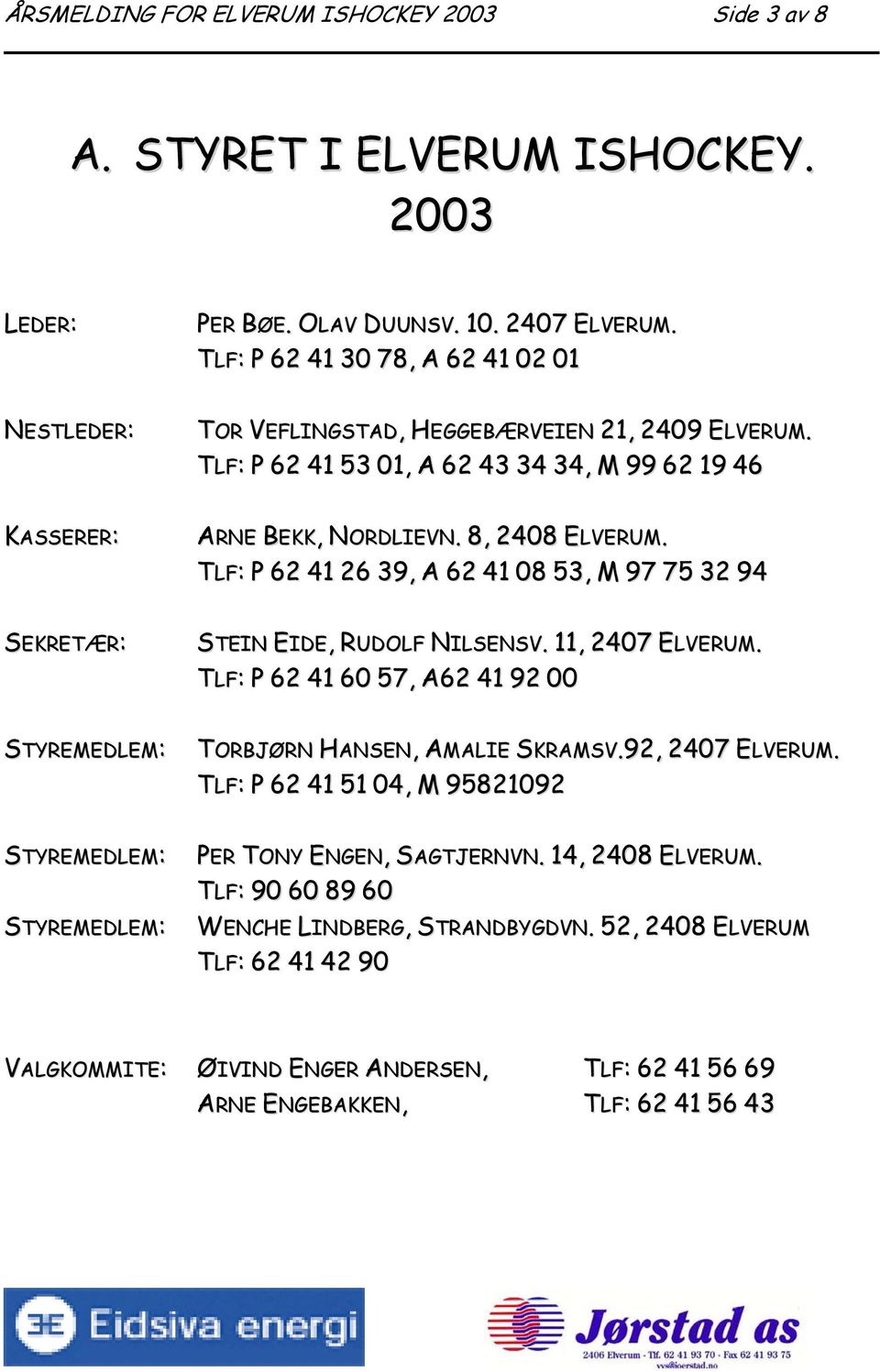 TLF: P 62 41 26 39, A 62 41 08 53, M 97 75 32 94 SEKRETÆR: STEIN EIDE, RUDOLF NILSENSV. 11, 2407 ELVERUM. TLF: P 62 41 60 57, A62 41 92 00 STYREMEDLEM: TORBJØRN HANSEN, AMALIE SKRAMSV.