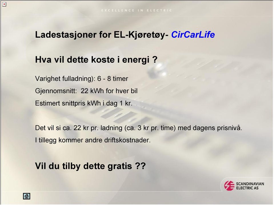 snittpris kwh i dag 1 kr. Det vil si ca. 22 kr pr. ladning (ca. 3 kr pr.