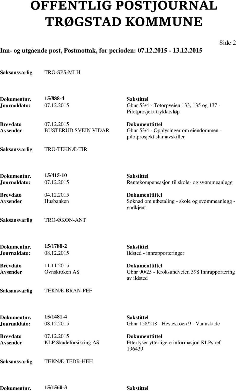 15/1780-2 Sakstittel Journaldato: 08.12.2015 Ildsted - innrapporteringer Brevdato 11.