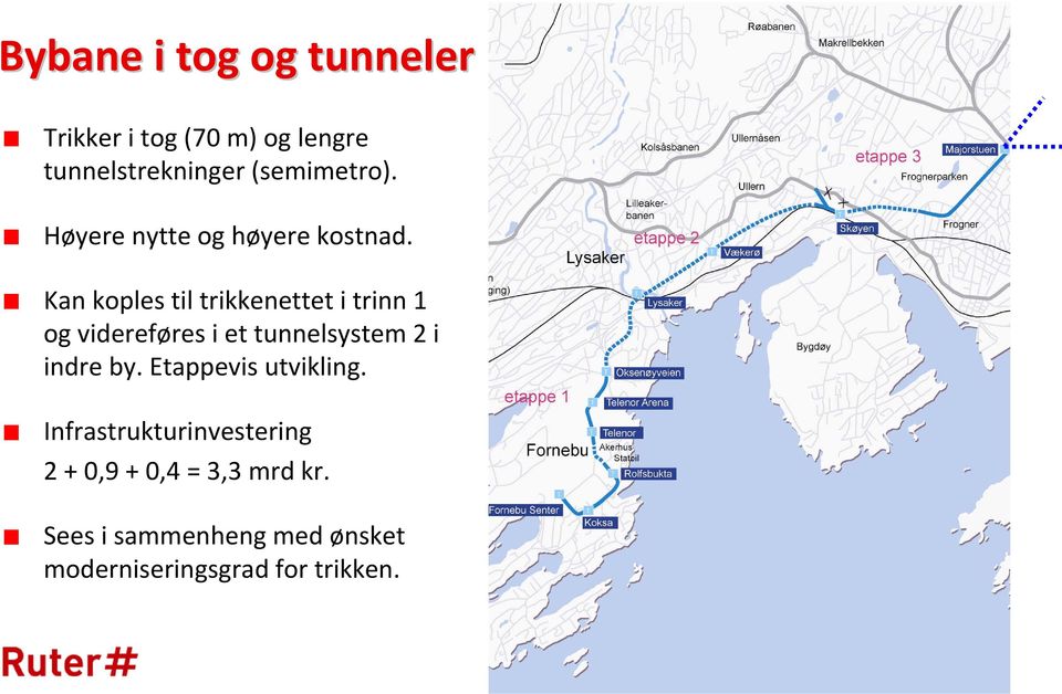 Kan koples til trikkenettet i trinn 1 og videreføres i et tunnelsystem 2 i indre by.