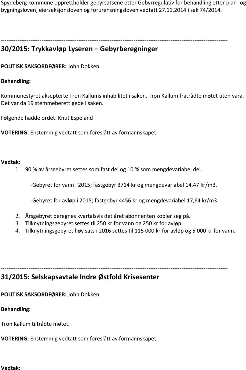 Det var da 19 stemmeberettigede i saken. Følgende hadde ordet: Knut Espeland 1. 90 % av årsgebyret settes som fast del og 10 % som mengdevariabel del.