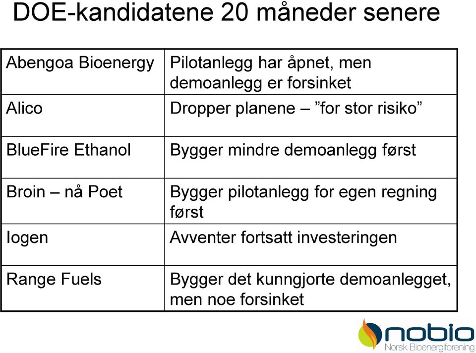 planene for stor risiko Bygger mindre demoanlegg først Bygger pilotanlegg for egen