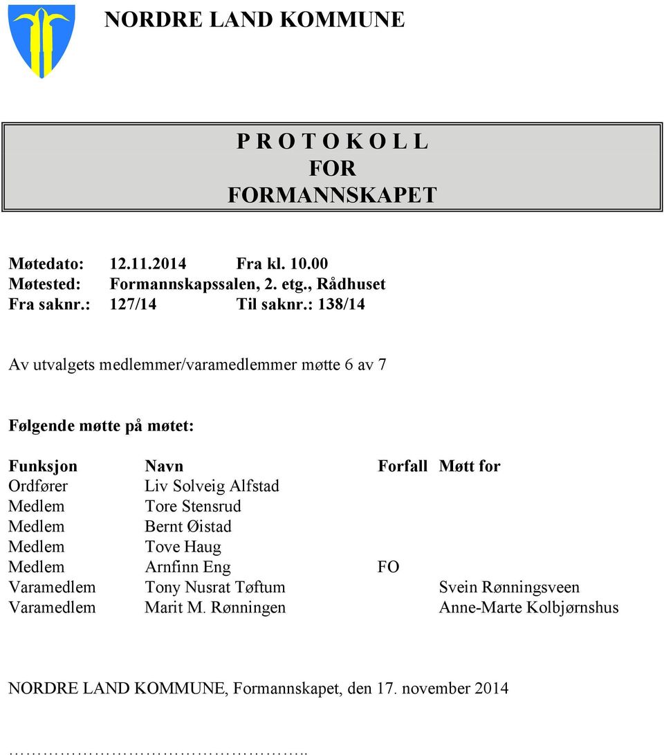 : 138/14 Av utvalgets medlemmer/varamedlemmer møtte 6 av 7 Følgende møtte på møtet: Funksjon Navn Forfall Møtt for Ordfører Liv Solveig