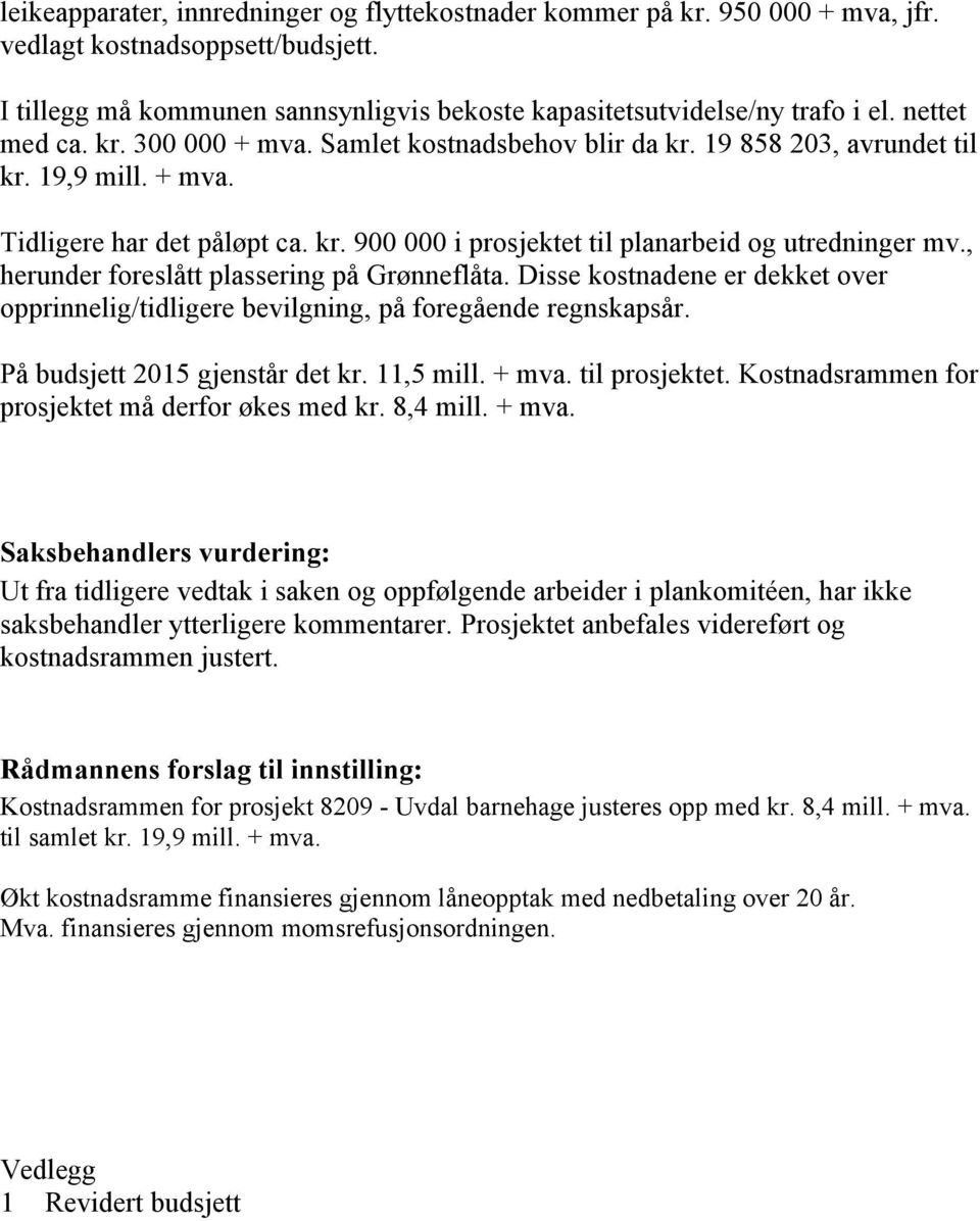 , herunder foreslått plassering på Grønneflåta. Disse kostnadene er dekket over opprinnelig/tidligere bevilgning, på foregående regnskapsår. På budsjett 2015 gjenstår det kr. 11,5 mill. + mva.