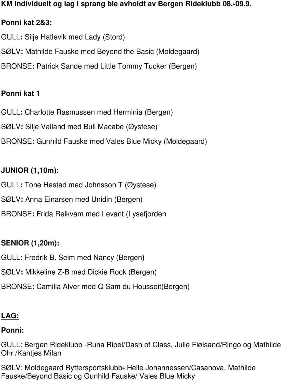 Rasmussen med Herminia (Bergen) SØLV: Silje Valland med Bull Macabe (Øystese) BRONSE: Gunhild Fauske med Vales Blue Micky (Moldegaard) JUNIOR (1,10m): GULL: Tone Hestad med Johnsson T (Øystese) SØLV: