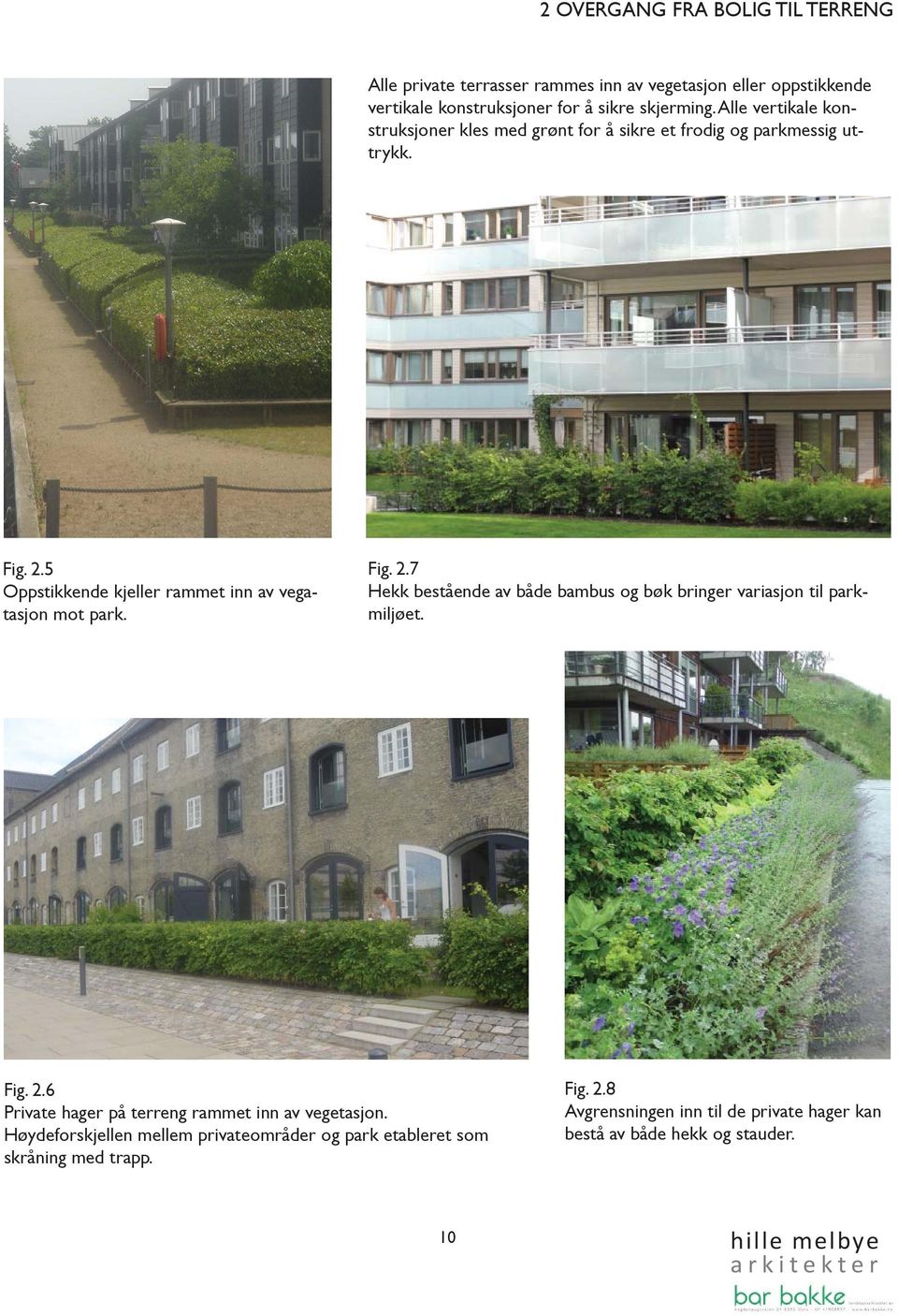 5 Oppstikkende kjeller rammet inn av vegatasjon mot park. Fig. 2.7 Hekk bestående av både bambus og bøk bringer variasjon til parkmiljøet. Fig. 2.6 Private hager på terreng rammet inn av vegetasjon.