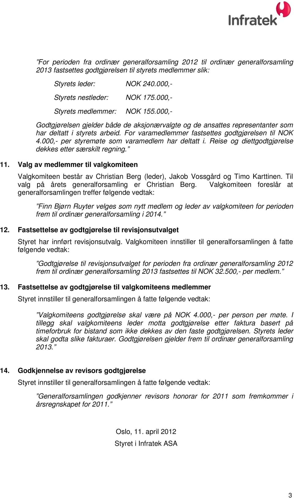 For varamedlemmer fastsettes godtgjørelsen til NOK 4.000,- per styremøte som varamedlem har deltatt i. Reise og diettgodtgjørelse dekkes etter særskilt regning. 11.