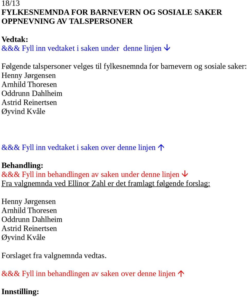 Kvåle Fra valgnemnda ved Ellinor Zahl er det framlagt følgende forslag: Henny Jørgensen Arnhild Thoresen Oddrunn Dahlheim