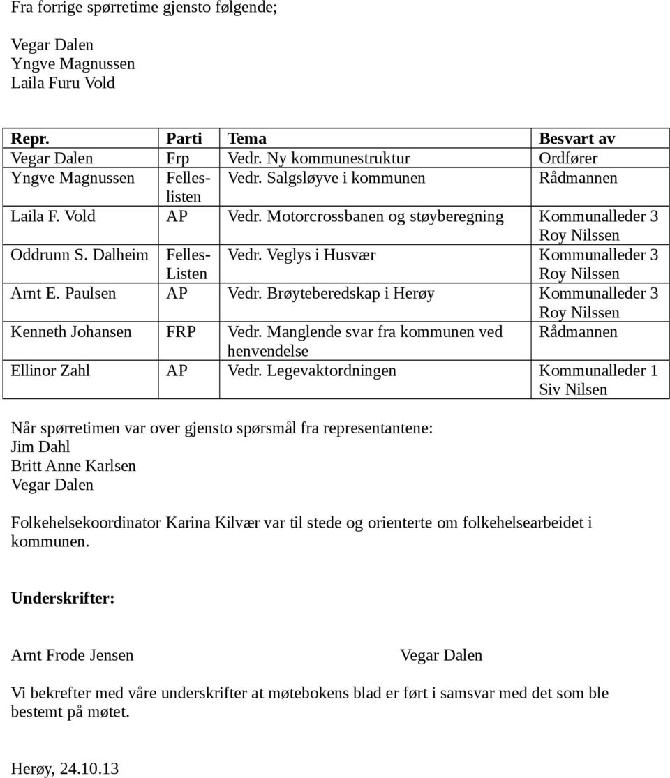 Veglys i Husvær Kommunalleder 3 Roy Nilssen Arnt E. Paulsen AP Vedr. Brøyteberedskap i Herøy Kommunalleder 3 Roy Nilssen Kenneth Johansen FRP Vedr.