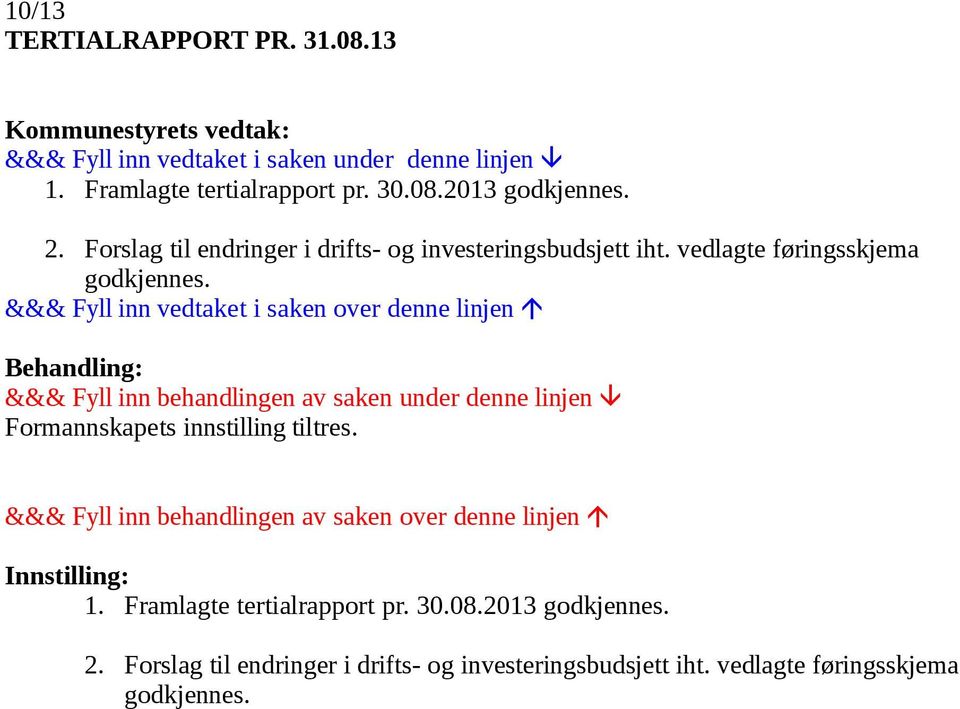 Formannskapets innstilling tiltres. &&& Fyll inn behandlingen av saken over denne linjen Innstilling: 1.