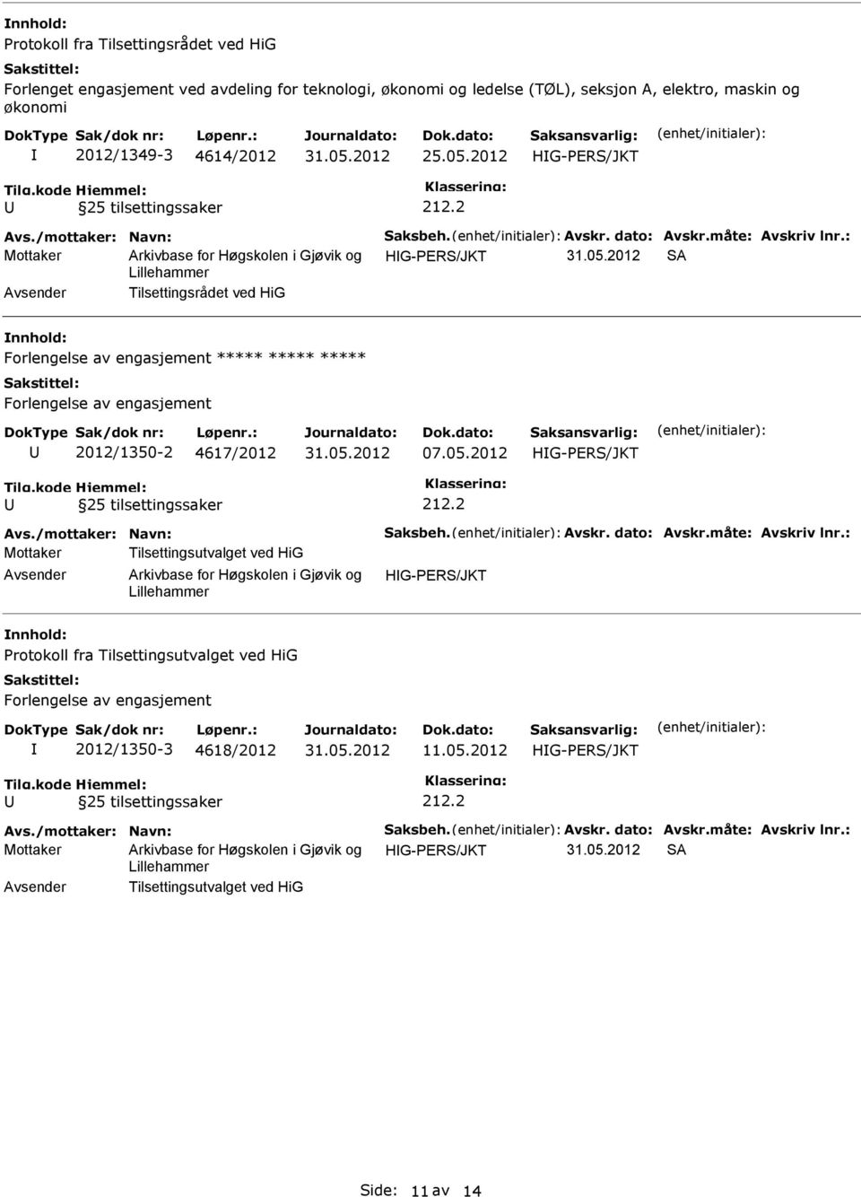 2012 Mottaker SA Tilsettingsrådet ved HiG Forlengelse av engasjement ***** ***** ***** Forlengelse av engasjement 2012/1350-2