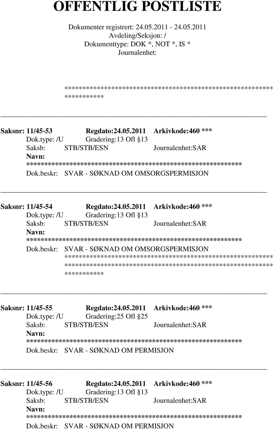 beskr: SVAR - SØKNAD OM OMSORGSPERMISJON *********** Saksnr: 11/45-55 Regdato:24.05.